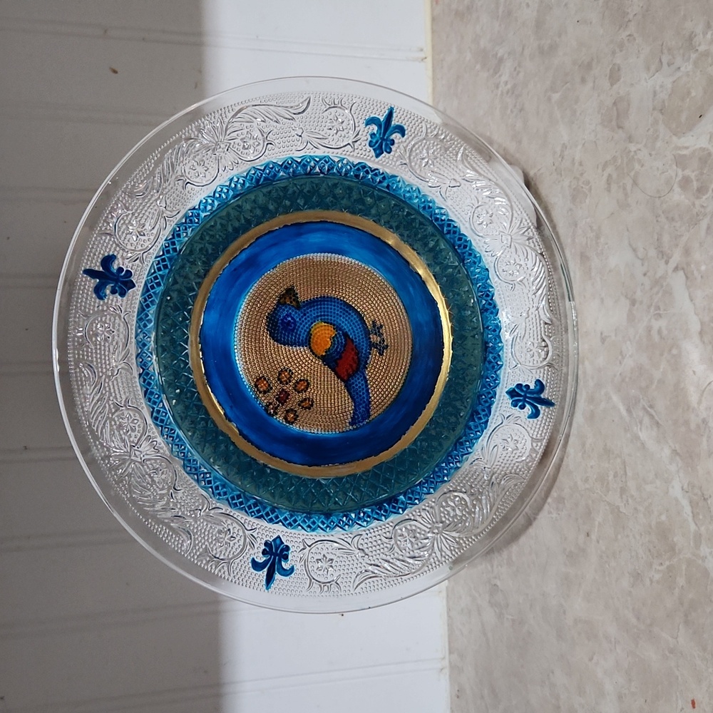 Reverse Painted Blue Bird Plate